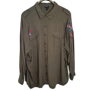 Torrid Military Button Down Shirt Women 4 Olive Green Floral Embroidered Utility